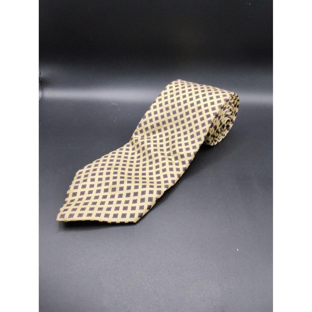 Yves Saint Laurent Mens Silk Tie Cream Burgundy Geometric Square Made in USA